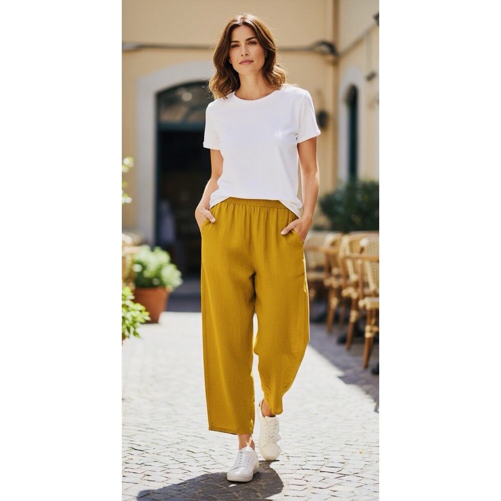FLAX Size M 100% Linen Pull On Wide Leg Crop Pants Lagenlook Mustard Yellow